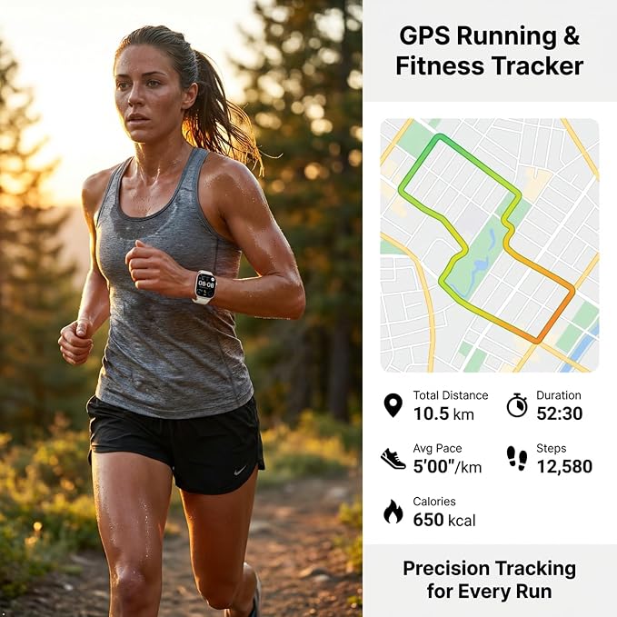2026 Distance & Pace GPS Running Watch for Runners - Call & Text, AMOLED Large Screen, 50m Waterproof Swimming, Calorie & Step Counter, 2 Bands, Long Battery, for Seniors Men Women (Silver)