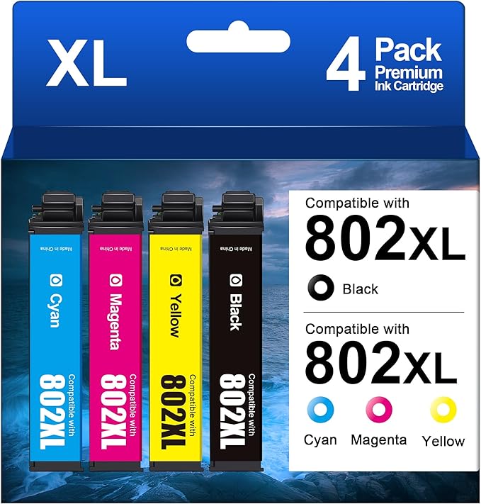 for 802XL Ink Cartridges Combo Pack for Epson 802 Ink cartridges Remanufactured for Workforce Pro WF-4740 WF-4730 WF-4720 WF-4734 EC-4020 EC-4030(Black, Cyan, Yellow, Magenta)