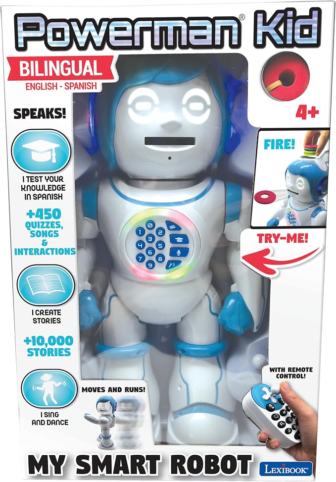 LEXiBOOK Powerman Kid - Educational and Bilingual English/Spanish Robot - Walking Talking Dancing Singing Toy - STEM Programmable Telling Creating Stories - Quizzes Shooting Discs for Kids - ROB90US