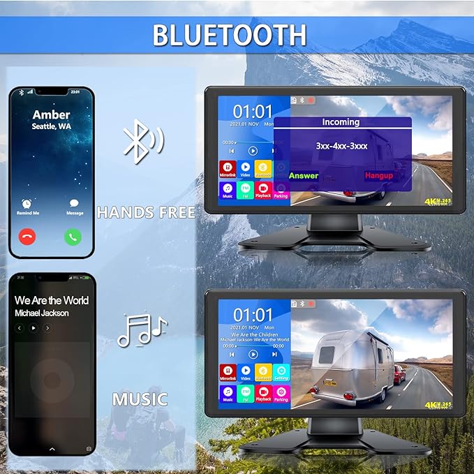 RV Backup Camera System with 10.36’’ 4K Monitor for RV Truck Bus Trailer with 4 Rear/Side View 1080P HD Cameras 4 Splits Touch Screen DVR Recording IP69 Waterproof Bluetooth Music Video Avoid Blind