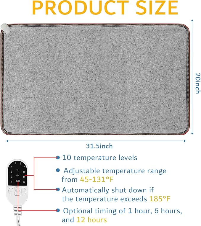QOUBAI PVC 110V Heated Floor Mat Heater for Foot Warmer Under Desk 31.5 x 20 Inch Electric Heating Pad Energy Saving Carpet Pad Indoor Floor Heated Rug for Home Office Bathroom House Gray