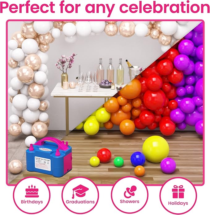 Prextex Balloons Electric Pump Inflate, Blue 110V 600W - Portable Pump with Air Blower & Dual Nozzle Inflator for Fast, Easy Bulk Balloons Filling for Event & Party Decoration - Balloon Pumps Electric