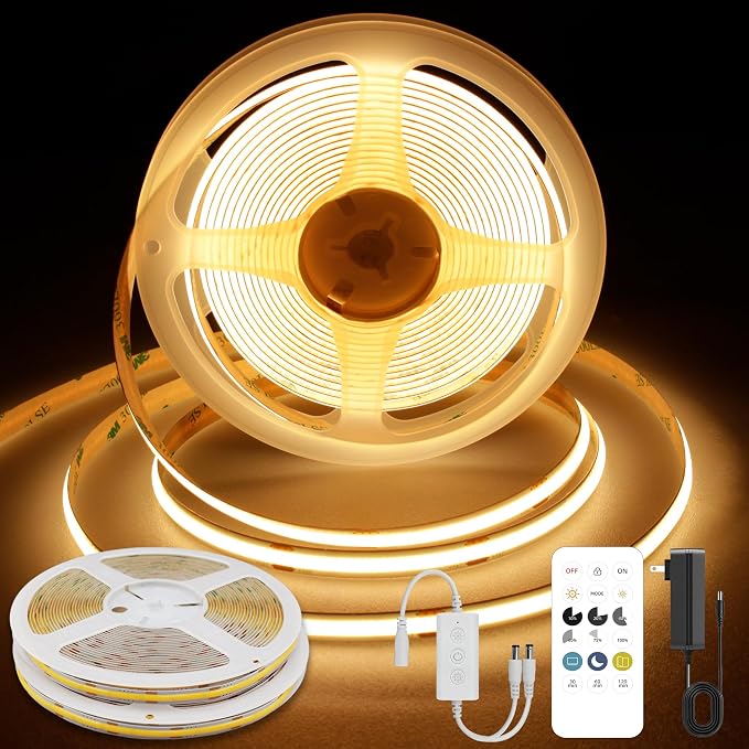 Pandery COB LED Strip Lights Warm White,24V Dimmable led Light Strip KIT with Remote and app Control,2700K 32.8FT/2 * 5m 8mm Wide Ra>90 Cuttable Flexible Strip Lights for Bedroom,Wardrobe,Cabinet