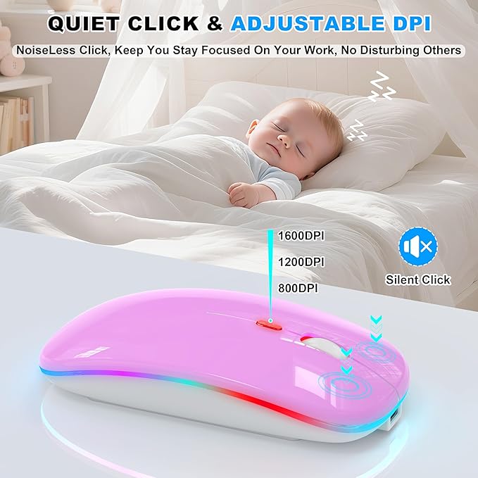 LED Wireless Mouse - RGB Rechargeable Bluetooth Wireless Mouse for MacBook Pro Air Mac iPad PC Laptop, Silent Optical USB C Mice with Jiggler Mouse Mover for Keep Computer Awake - Purple