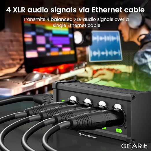 GEARit XLR Over Ethernet Adapter, 4 Channel XLR Over Cat5/Cat6 Snake Extender Box, Ethercon-Compatible RJ45 to XLR Adapter for 3-Pin DMX and Analog Audio, Supports 48V Phantom Power(1 Pair)