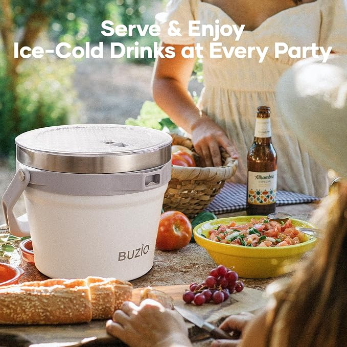 BUZIO 7.4 Qt/7 L Ice Bucket for Parties with Lid and Scoop & Tongs, Double Wall Vacuum Insulated Stainless Steel, Holds 6 Longnecks or 3 Wine Bottles, Large Beverage Bucket for Champagne, White