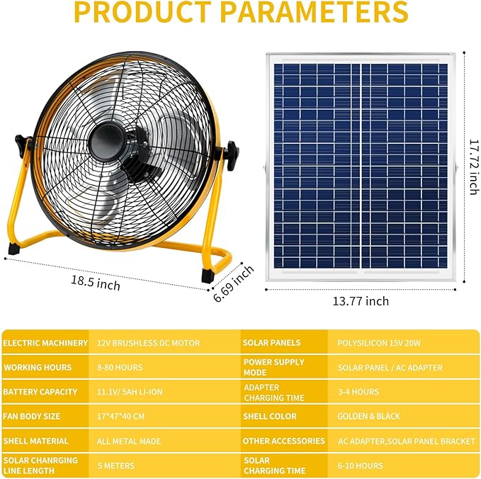 Solar Powered Rechargeable Fan 16", Whisper Quiet 15dB, 50Hr Runtime for Home Office Camping