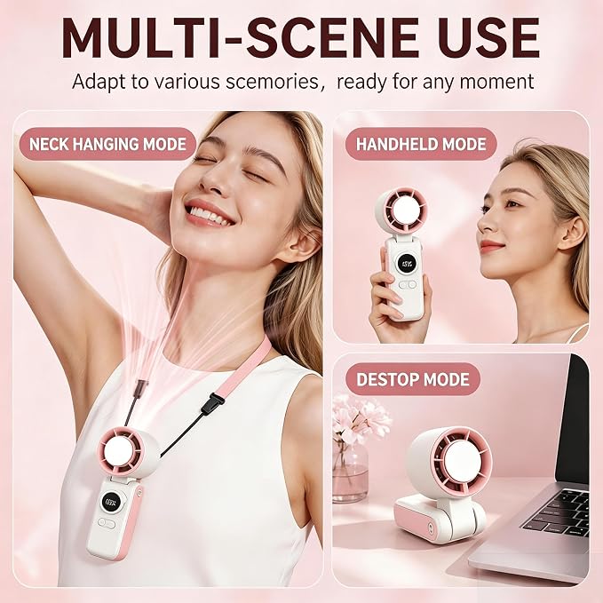 Portable Handheld Air Conditioners Fan with Semiconductor Ice Cooling,199 Speed Strong Wind,6000mAh Rechargeable,3-in-1 Mini AC Cooler Fan(Hand/Neck/Desk),Personal Turbo Fans for Outdoor Travel (Pink）
