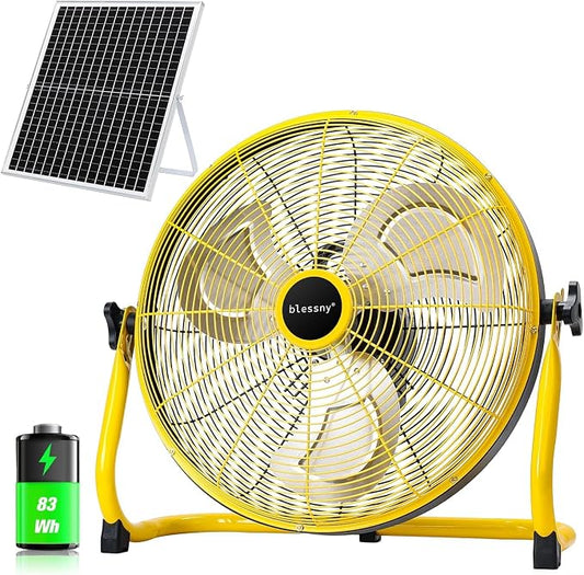 blessny 16" Large Solar Rechargeable Floor Fan with 35W Solar Panel for Home Outdoor Camping Gazebo Greenhouse Barn Poultry Pet House Cooling or Air Circulation, 23 Ft Long Cord