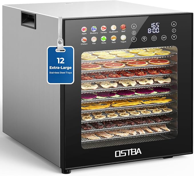 OSTBA Food Dehydrator, 12 Stainless Steel Trays, 95–165℉ Adjustable Temp, 48h Digital Timer, 850W Food Dryer, Front Control Panel with 10 Presets for Fruit, Vegetable, Jerky, Herb, Commercial Use