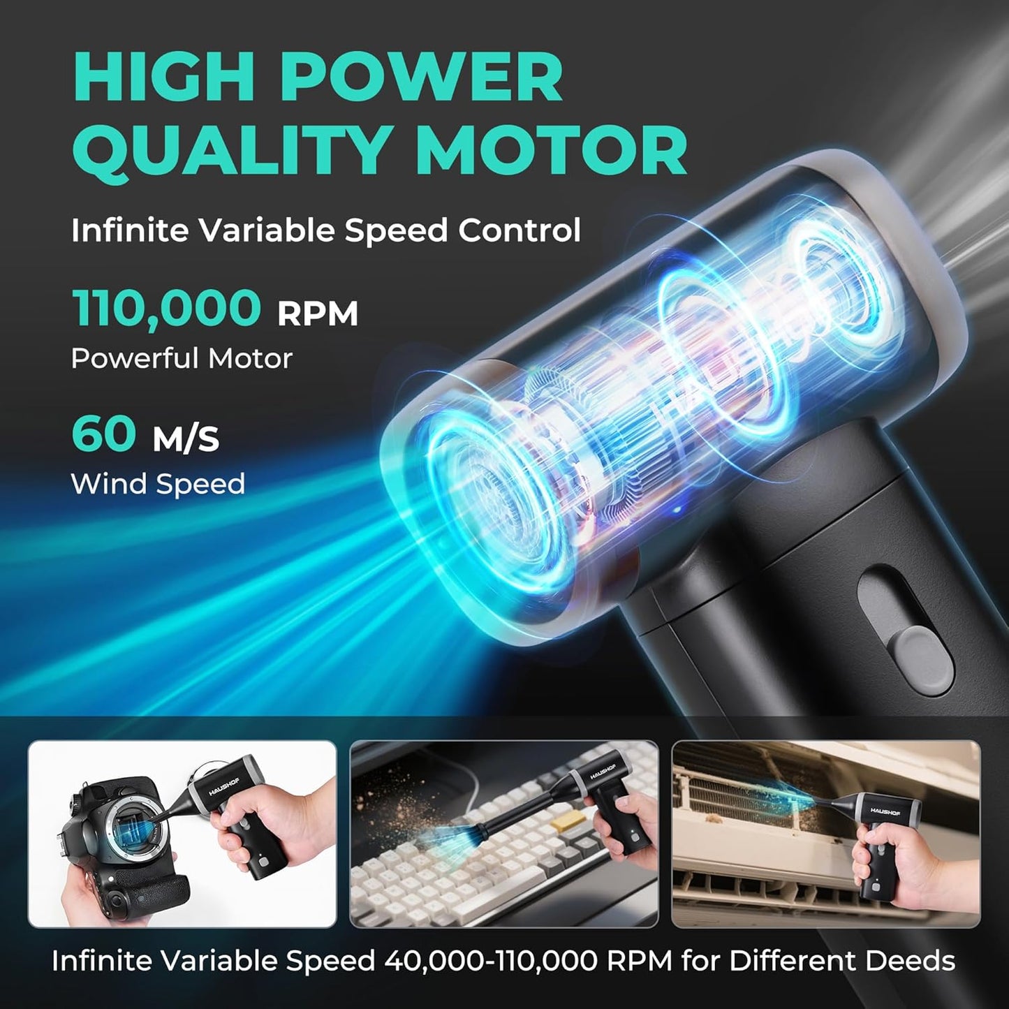 HAUSHOF 8V Mini Electric Air Duster-110,000RPM High Power Compressed Air blower, Rechargeable Brushless Motor Durable Cleaner, Variable Speed Dust Blower for Computer, PC Keyboard, Electronics, Car...