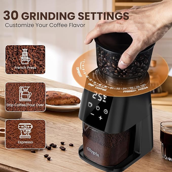 Ollygrin Conical Burr Coffee Grinder Electric, Coffee Grinder with 30 Grind Levels, Coffee Beans Grinder for Home Use, Touchscreen Burr Mill Grinder for Espresso, Drip, French Press, black