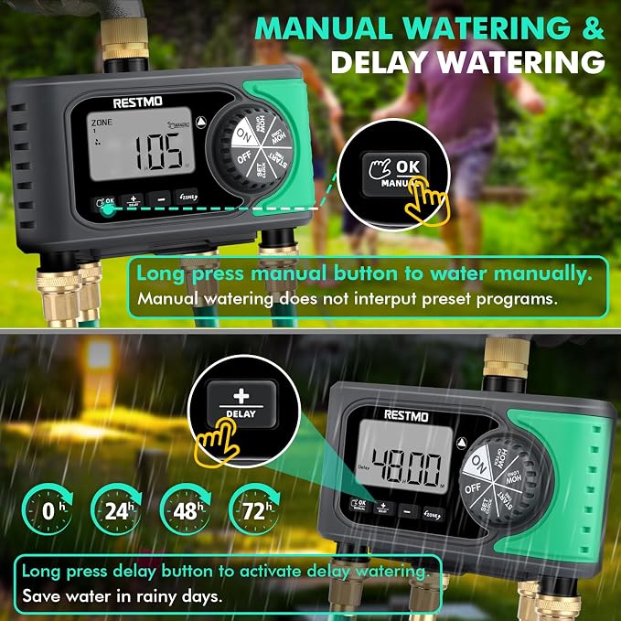 RESTMO 4-Zone Sprinkler Timer, Brass Inlet Programmable Water Timer for Garden Hose, Automatic Digital Irrigation with Manual ON/Off & Rain Delay for Lawn, Drip System & Outdoor Faucet