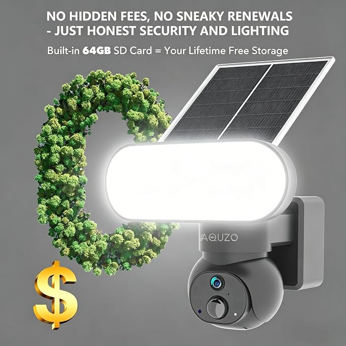 Floodlight Camera Solar Wireless, 360° PTZ Outdoor Security | 1500LM Light, Color Night Vision, 64GB SD, 2.4G WiFi, Solar/Battery, AI Human Detection, 2-Way Audio, Siren Alarm, IP65