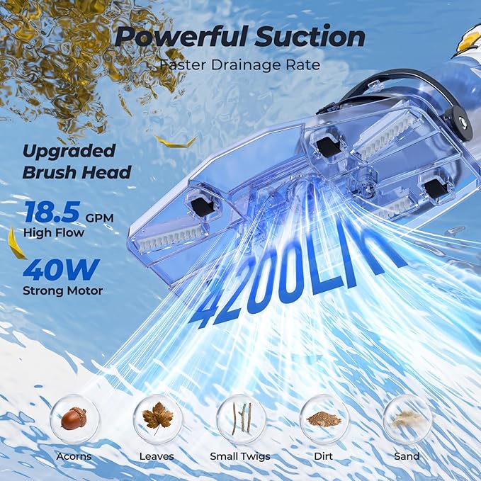 Pool Vacuum for Above Ground Pool, JESIMAIK 18.5 GPM Powerful Suction Pool Vacuum with Telescopic Pole, 60min Runtime Dual Head Rechargeable Pool Cleaner,Ideal for Leaves, Debris