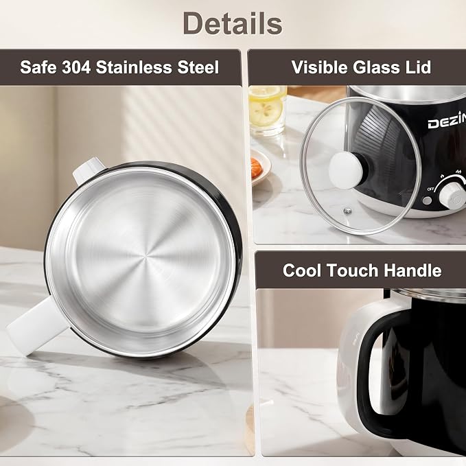 Dezin Hot Pot Electric, Rapid Noodles Cooker, Stainless Steel Electric Pot 1.6 Liter, Perfect for Ramen, Egg, Pasta, Dumpling, Soup, Porridge, Oatmeal with Temperature Control and Keep Warm Function