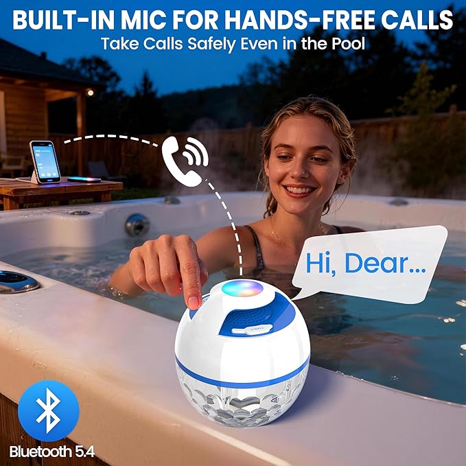 Luxfero 2026 Upgraded Bluetooth Pool Speaker, Floating Pool Speaker with Top & Bottom Lights, BT5.4 Hot Tub Speaker IP68 Waterproof Floating Speaker, Portable Floating Bluetooth Speaker for Pool-White
