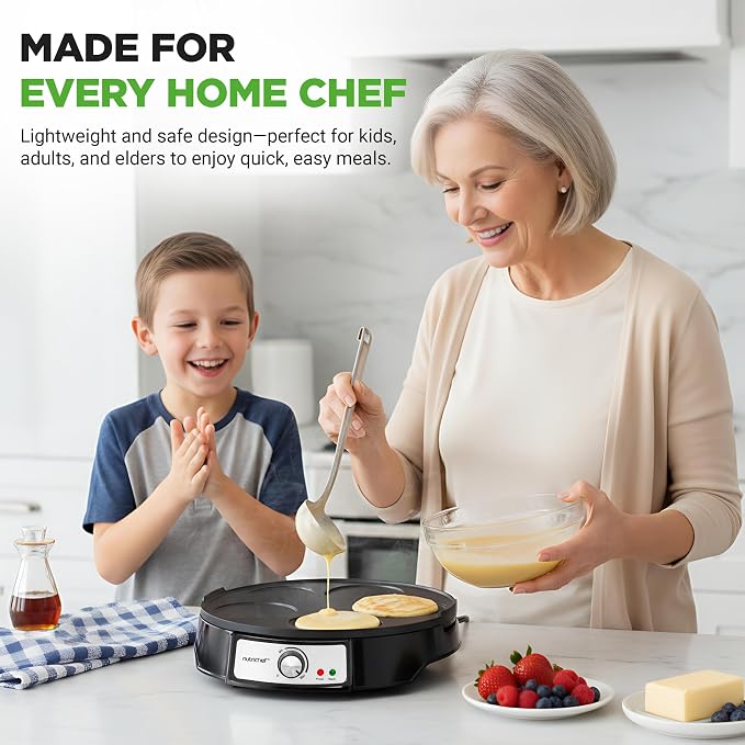 Electric Crepe Maker & Griddle Cooktop | Nonstick Reversible 12 Inch Hot Plate with LED Indicator Lights & Adjustable Temperature Control | Wooden Spatula & Batter Spreader NutriChef Included