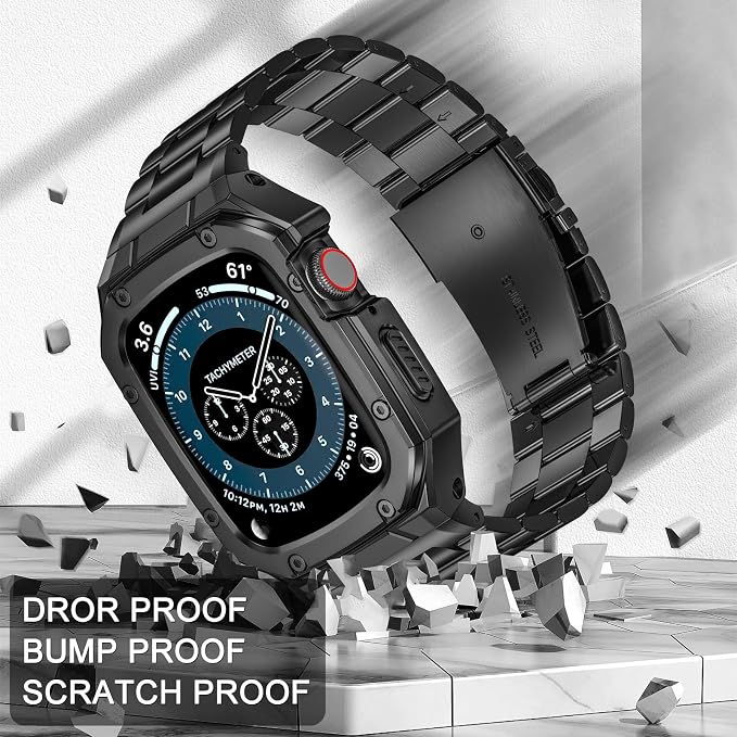 BAITEYOU Stainless Steel Watch Band with Case Compatible with Apple Watch Series 9 8 7 45mm, Rugged Strap with Metal Protective Bumper Cover for iWatch Bands Men (Black)
