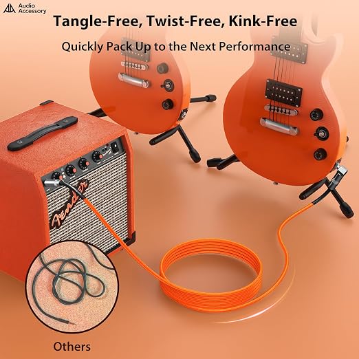 AA AUDIO ACCESSORY Right Angle Guitar Cable 20ft, Nylon Braided Kevlar-Reinforced, 20AWG 99.99% OFC 1/4 Instrument Cable, Dual Shielded Amp Cord for Fender Electric Guitar, Neon Orange