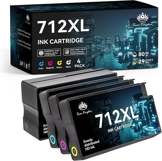 712XL Ink Cartridges Compatible Replacement for HP 712XL 712 Ink Cartridges Combo Pack Works with HP DesignJet T210 T230 T630 T650 Studio Plotter Printer(4 Color Pack, 80-ml Black + 29-ml)
