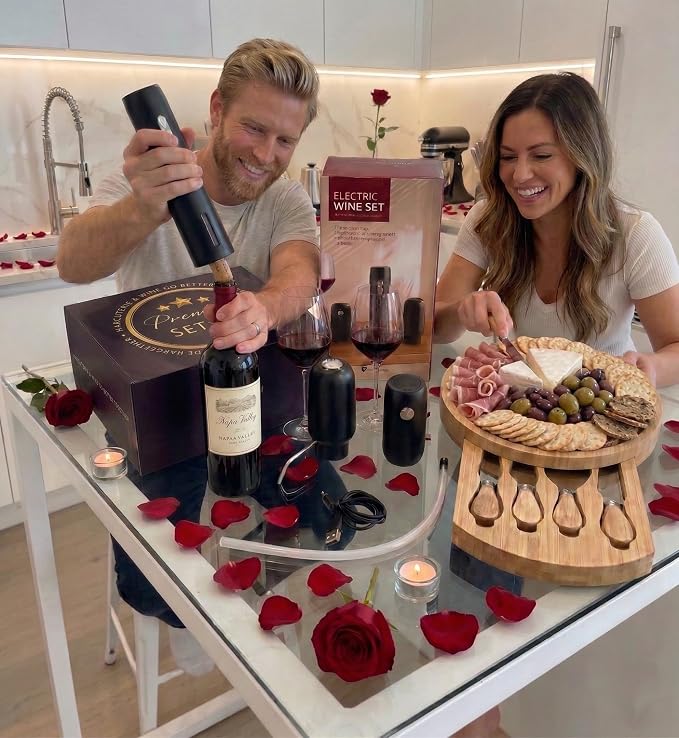 Rechargeable Electric Wine Opener Set - Includes Foil Cutter, Wine Aerator Dispenser, Electric Vacuum Stopper, Bamboo Charcuterie Board and Knives Set - Luxury Packaging for a Special Occasion