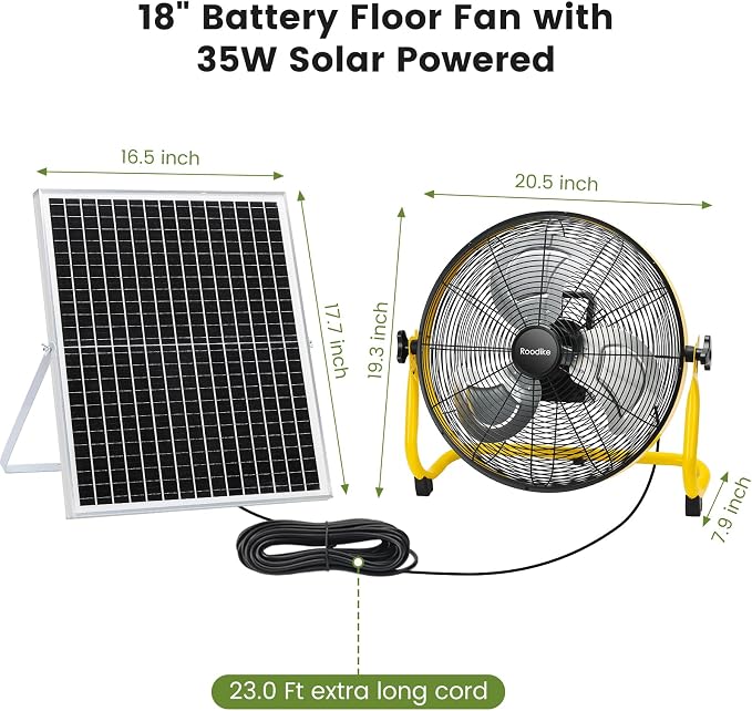 18" Solar Rechargeable Floor Fan, 35W Solar Powered Battery Operated Fans for Outdoor Garden Greenhouse Barn Stable Camping Garage Air Circulation Cooling