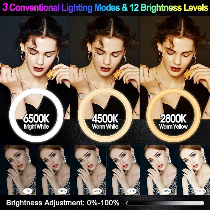 12.3" Ring Light with Stand & Phone Holder Tall 75", 51 Color Modes Circle Lights Selfie Ringlight with Tablet Holder, 12 Dimming Levels Christmas LED Halo Light Tripod for iPhone Video Recording/Vlog