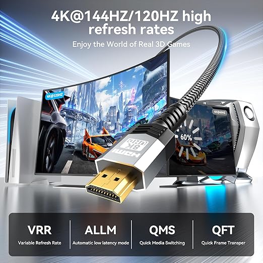 Soonsoonic 8K Certified Ultra High Speed HDMI 2.1 Cable 3FT,48Gbps Braided Gaming Cord,10K 8K@60Hz 4K@120Hz/144Hz eARC Dolby Atmos DTS:X HDR10 VRR ALLM,Compatible with PS5 Xbox Series X/S RTX 5090 AVR