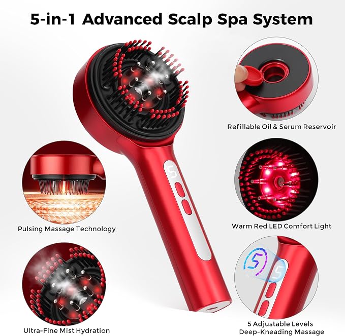 Electric Scalp Massager, 5-in-1 Scalp Spa Device with Clean Water Mist Reservoir, 3D Deep Kneading Massage, USB-C Rechargeable, Portable Scalp Care Tool