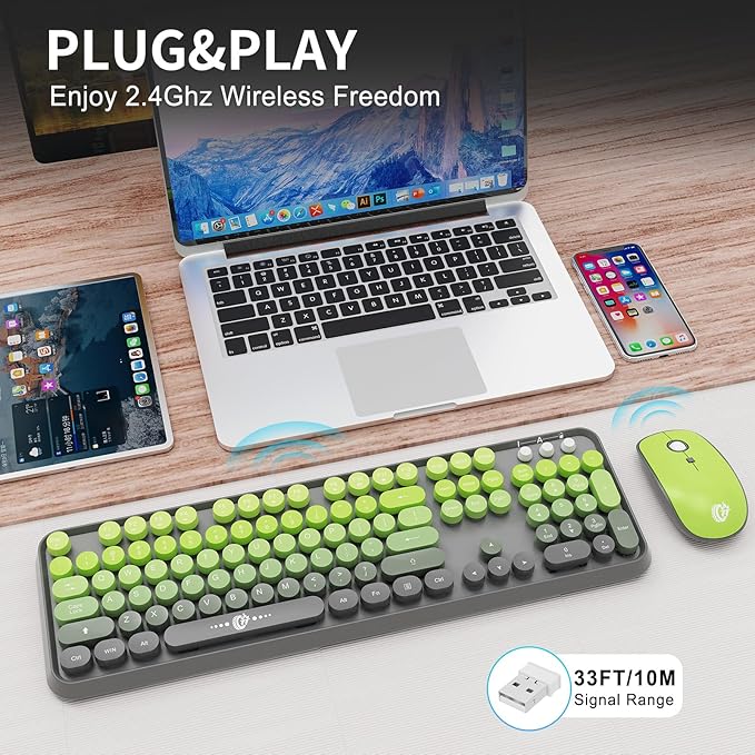 Wireless Keyboard and Mouse Combo, 2.4G USB Cordless Round Keyboard and Mouse for Laptop Computer TV (102 Keys Matcha Green)
