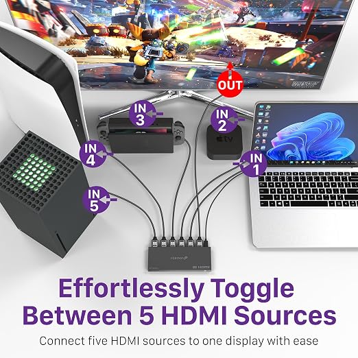 Fosmon 5-Port HDMI 8K Switch with Remote, Support 8K@60Hz 4K@120Hz HDR10+ HDCP 2.3 High Speed 48Gbps 5 in 1 Out Auto-Switching 5x1 HDMI 2.1 Switcher Splitter Hub Compatible with PS5, Xbox X, Apple TV