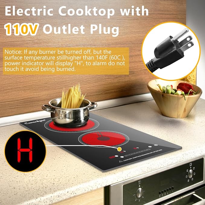 2 Burner Electric Cooktop, 110-120V Plug In Countertop Stove, Touch Control with 99-Min Timer, Child Lock & Auto Shutoff, 12 Inch Radiant Cooktop for Indoor Cooking