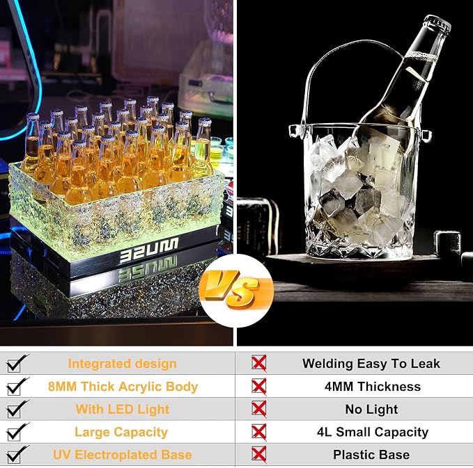 WILON LED Ice Bucket for Parties Large Capacity | Clear Plastic Drink Cooler with RGB Lights & Remote for Beer Wine Champagne Home Bar Essential Leakproof & Easy to Clean