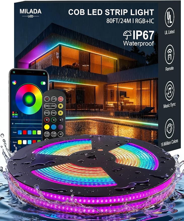 80ft/24m COB LED Strip Lights Outdoor, Smart RGB IC IP67 Waterproof Dimmable Color Changing Tape Light with App Remote Control & Music Sync, for Eave, Patio, Pool & Party Darden Decorations(2 Rolls)