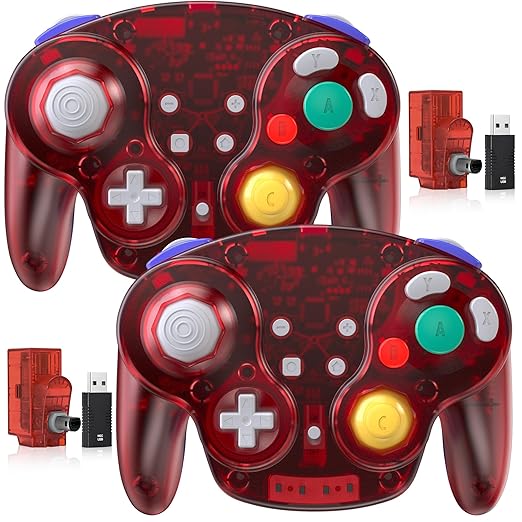 2 Pack 2.4 GHz Wireless GameCube Switch2 Pro Controller, for NGC GameCube Console, Switch/Switch OLED/ Switch2, PC, Steam Deck, PC (Built-in Rumble) (Rechargeable) (Plug and Play) Clear Red