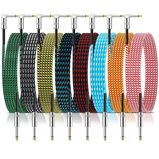 Rigibright 8 Pack 10FT Instrument Cable - Guitar, Bass, Keyboard, Microphone & Mixer Amp Cord (8, Multicolored, 10 Feet)