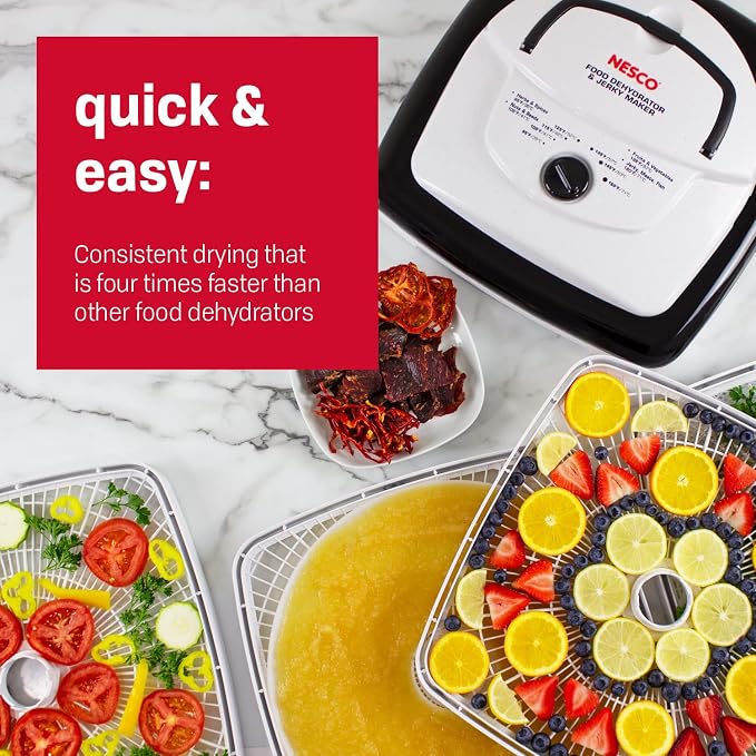 NESCO FD‑80A Square Food Dehydrator for Snacks, Fruit, Beef Jerky, 4‑Tray White Electric Dehydrator with Even Heat Drying