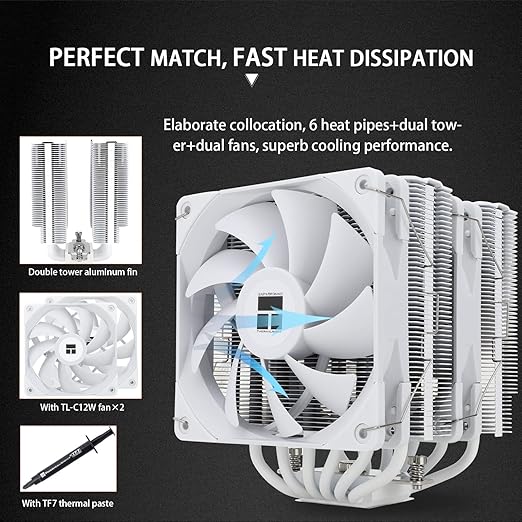 Thermalright Peerless Assassin 120 White CPU Air Cooler, 6 Heat Pipes, Dual CPU Fans,Dual Towers Cooler, 1550RPM±10%, for AMD: AM4/ AM5/Intel lga115x/1200/2011/1851/1700, No LED White