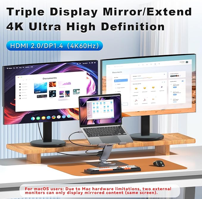 Laptop Docking Station Stand 11-IN-1 Triple Display HDMI DP 4K60Hz Gigabit Ethernet USB3.1 PD100W SD/TF Card Reader Audio 360°Swivel Laptop Stand with USB Hub for MacBookPro/Air/Dell/HP/Surface/Lenovo