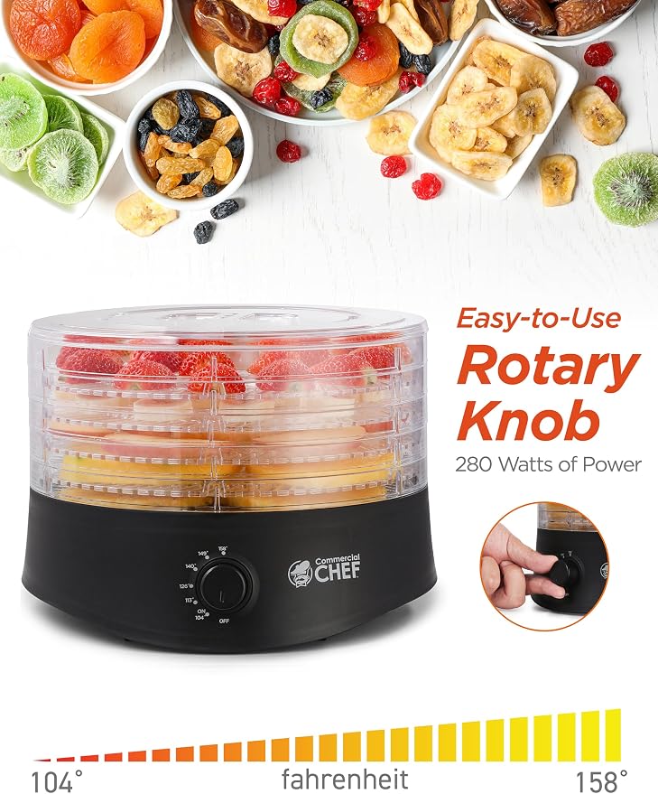Commercial Chef Food Dehydrator, Five 9.25” BPA-Free Plastic Trays, Dehydrates and Dries Meat, Fruit, Veggies and Jerky, 280W Dehydration Machine, Adjustable Thermostat, CCD100B6, Black