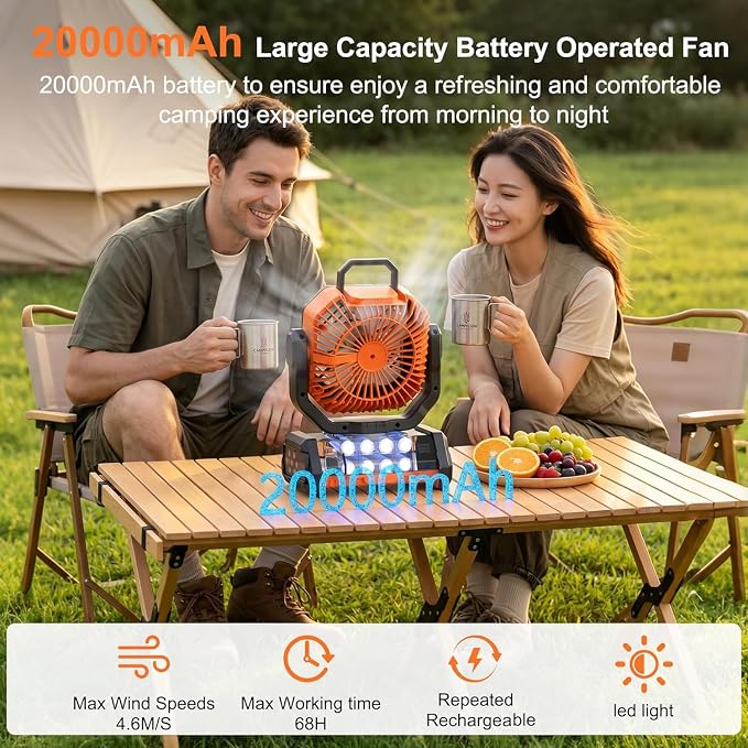 Portable Rechargeable Fan 20000mAh,Cordless Battery Powered Camping Fan with LED Light& Remote,4 Speeds Wind,USB, Timer,Oscillating for Travel Tent,Rv Camping Essentials (Orange)