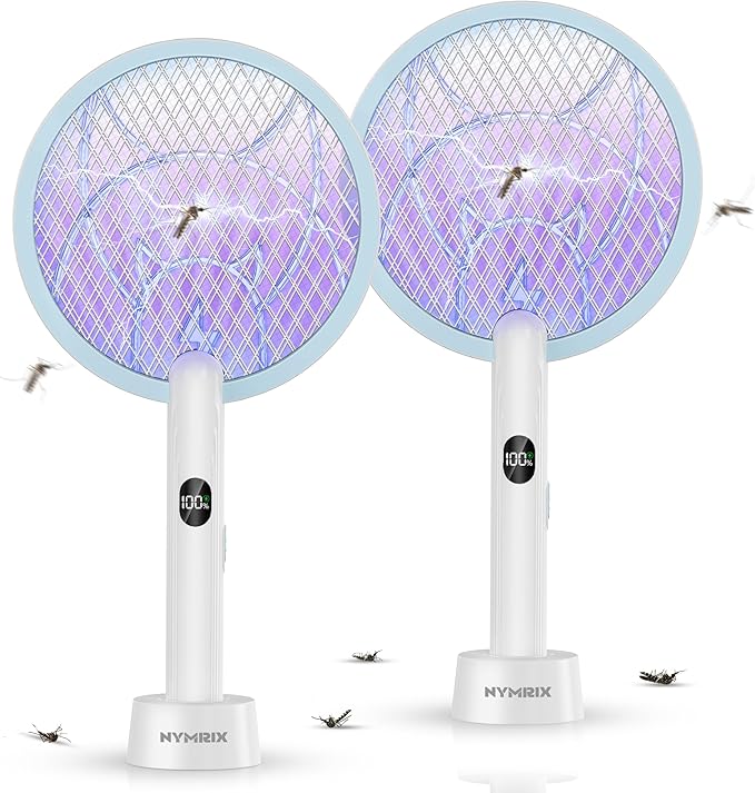 Nymrix Electric Fly Swatter Racket, 2 in 1 Mosquito Bug Zapper 4100V Handheld Mosquito Killer with 1800 mAh Rechargeable Battery, Purple Lightand 3-Layer Safety Mesh for Indoor Outdoor Blue Two-Pack
