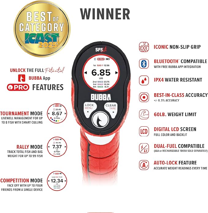 Bubba Smart Fish Scale LITE, Tournament Fishing Tool with Bluetooth App Compatability, LED Screen, 60lb Limit