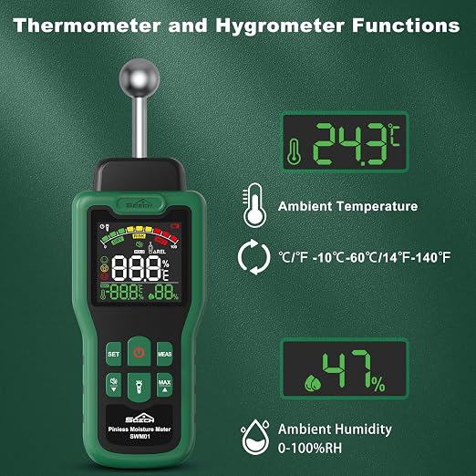 Moisture Meter, SQECH Pinless Moisture Meter with Thermometer, Flashlight, Alarm, Multifunctional Wood Moisture Meter with Color LCD, for Walls, Wood, Masonry, Caravans, Apartments