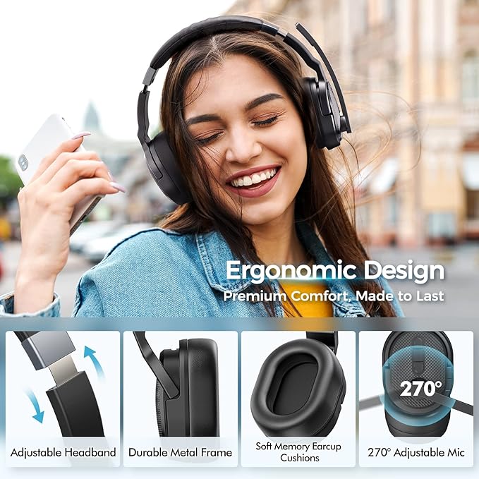 COSMUSIS Trucker Bluetooth Headset, Wireless Headsets with Noise Cancelling Microphone, Long Battery Life Bluetooth Headphones with Detachable Earpad/Single+Dual Mode for Office/Driving/Home
