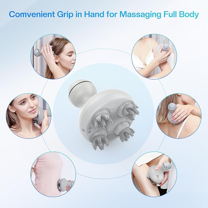COMFIER Wireless Hand Massager with Heat -3 Levels Compression & Heating, Electric Scalp Massager, Head Massager with 4 Soft Silicone Massage Heads, Portable Hair Massager for Hair Growth