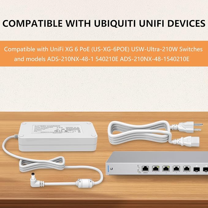 54V Power Adapter for Ubiquiti UniFi,Compatible with UniFi XG 6 PoE US-XG-6POE USW-Ultra-210W 6 8 Port Switch ADS-210NX-48-1 540210E ADS-210NX-48-1540210E Replacement White 210W Power Supply