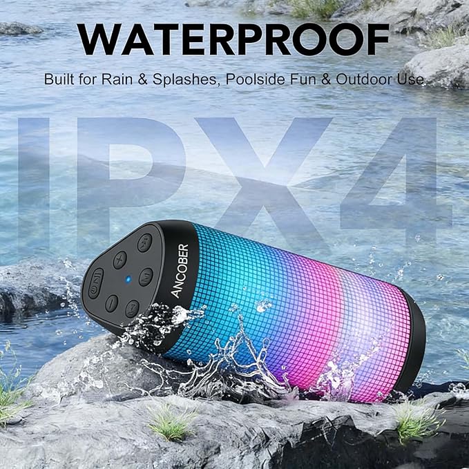 Portable Bluetooth Speaker, 20W Stereo Loud Sound, 8 Modes LED Light Show, 30H Playtime, IPX4 Waterproof, TWS Pairing, Built-in Mic, BT5.3 Wireless Speaker for Outdoor, Party, Travel, Home, Ideal Gift