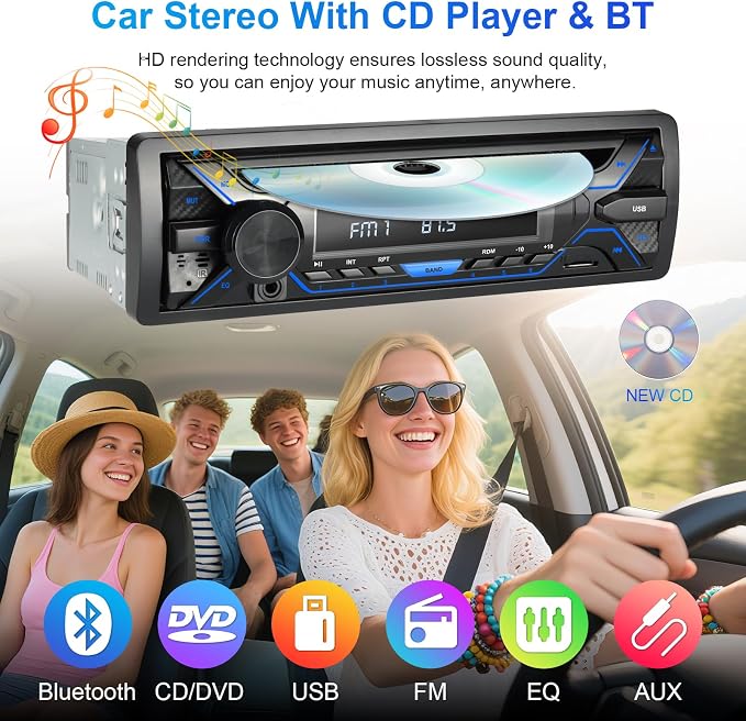 Single Din Bluetooth Car Stereo with CD DVD Player, Single Din Radio with Bluetooth AM/FM AUX/USB/SD Card Playback